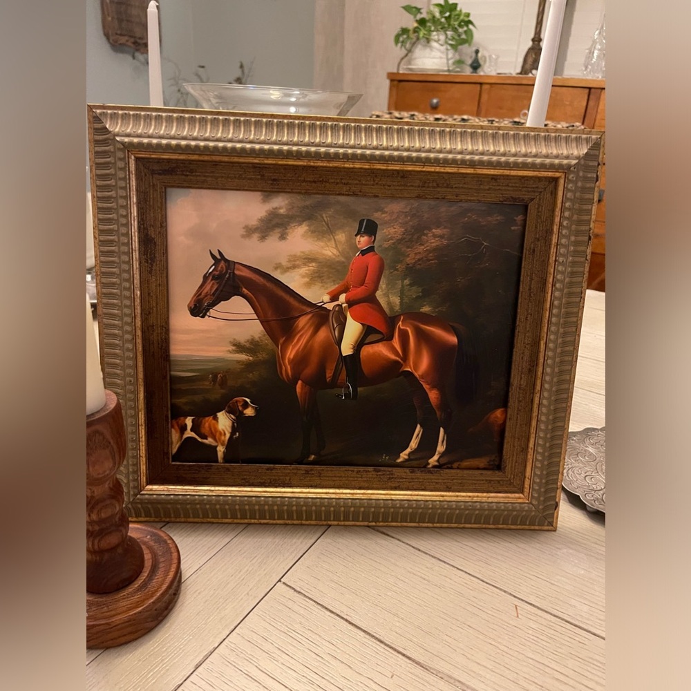 Framed Vintage  Style Fox Hunting Textured Print with dogs 8x10